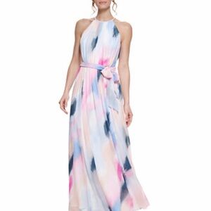 DKNY Watercolor Chiffon Midi Dress Belted Sleeveless Size 6 NWT